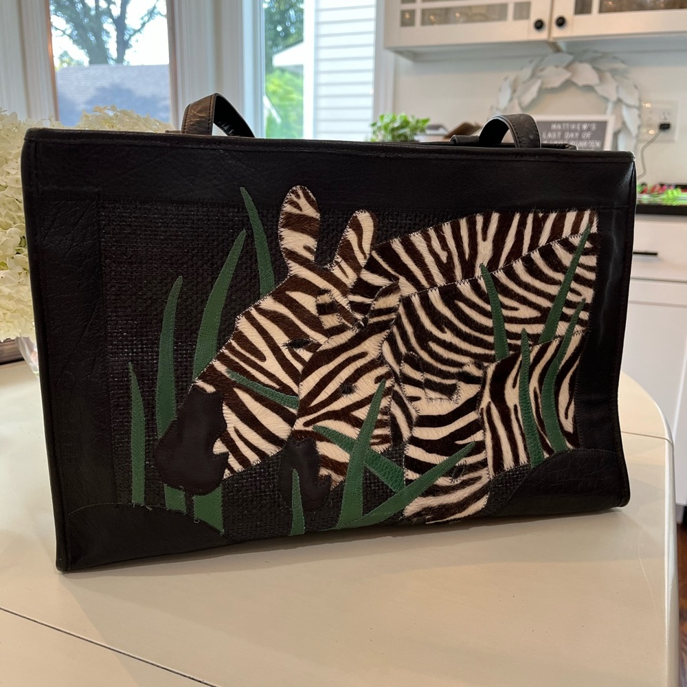 Carlos Falchi Vintage Bag with Zebra details. Black leather basket weave design
